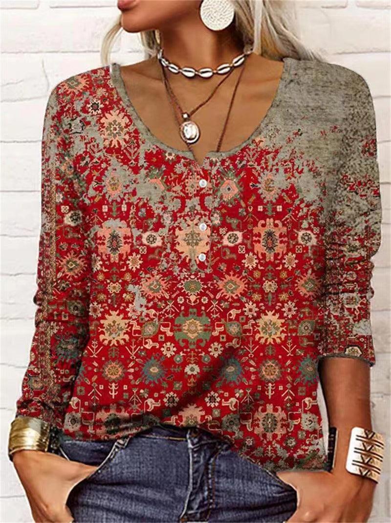 Women's Casual Loose Long-sleeved Geometric Floral Button Blouses