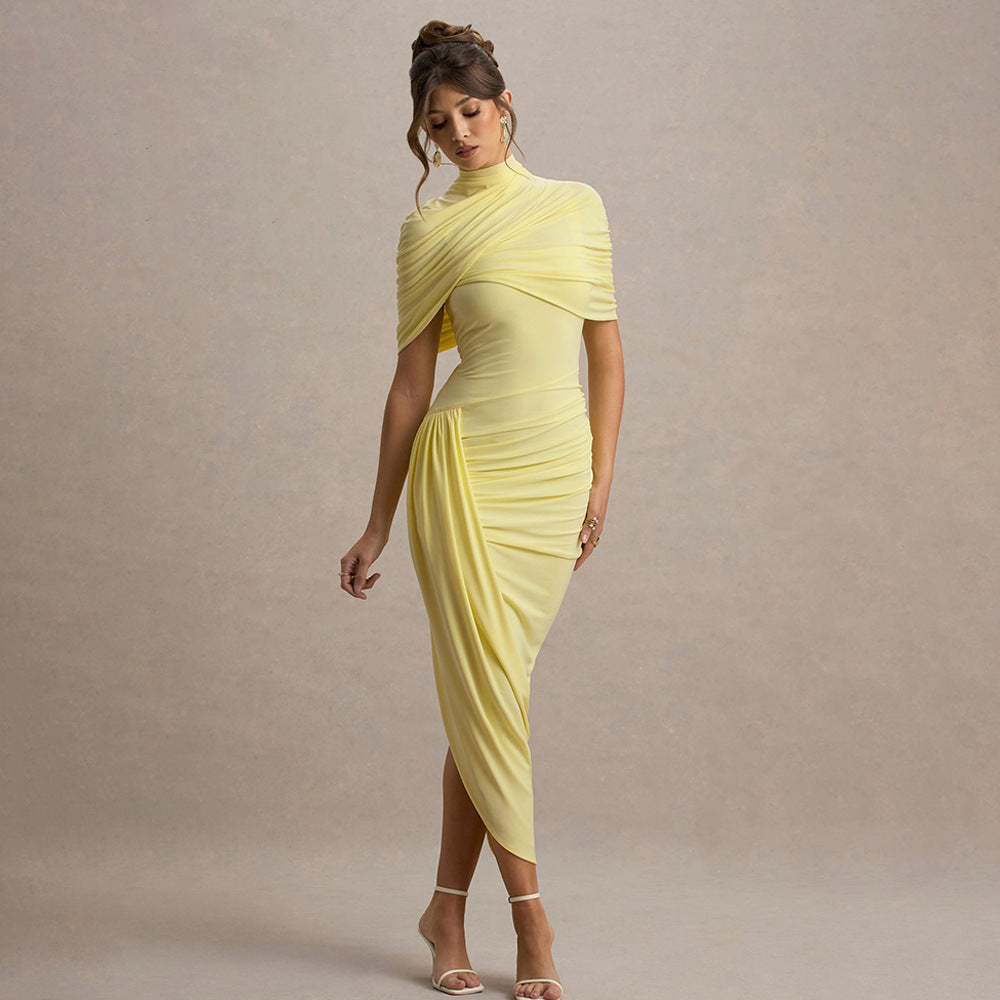 Women's Spring Solid Color Fashion Shawl Irregular Pleated Slim Dress