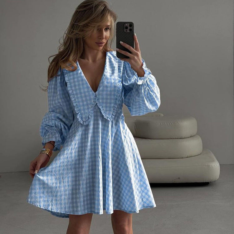 Women's Line Dress Pink Plaid Butterfly Collar Dresses