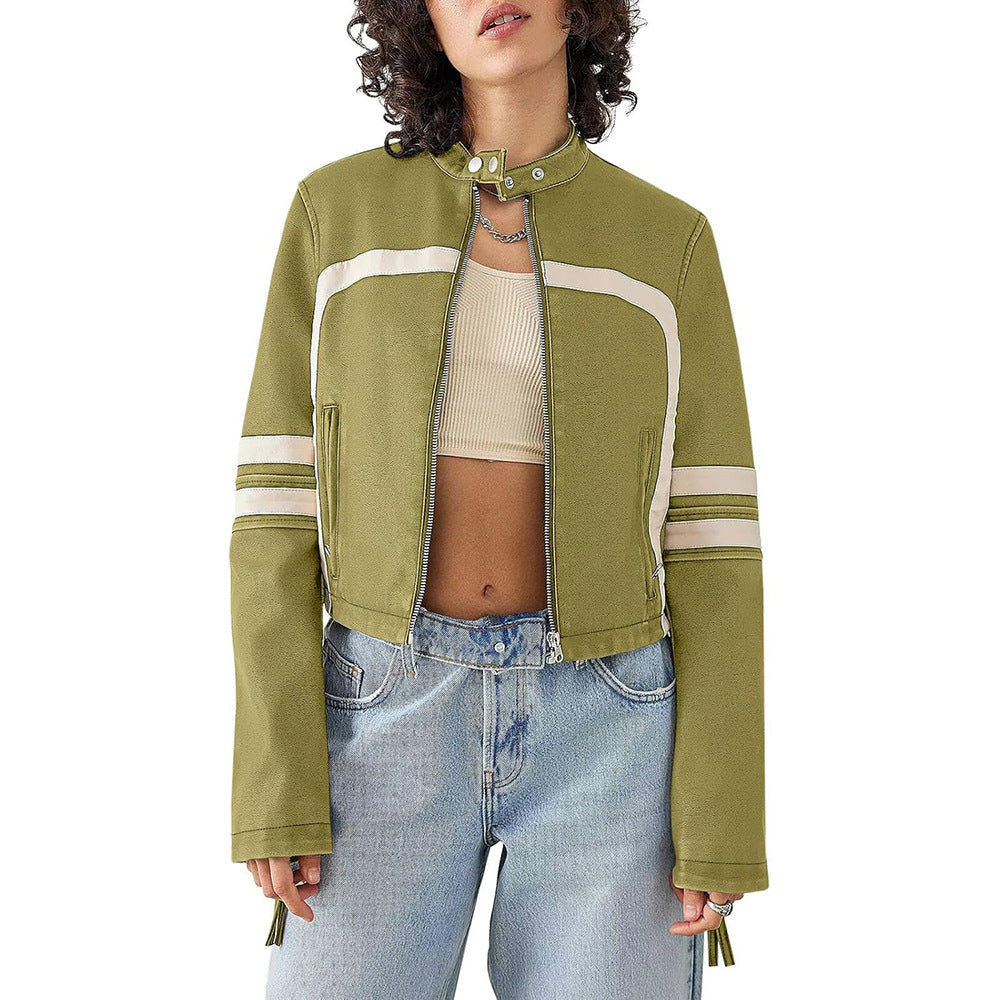 Women's Fashion Leather Color Contrast Patchwork Midriff Jackets