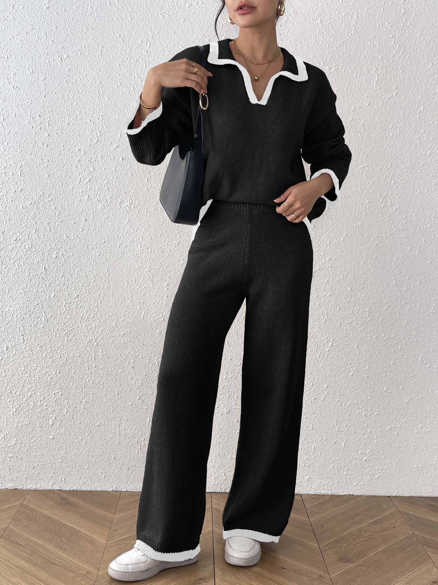 Women's Color Contrast Patchwork Collar Lapel Pullover Casual Sweaters