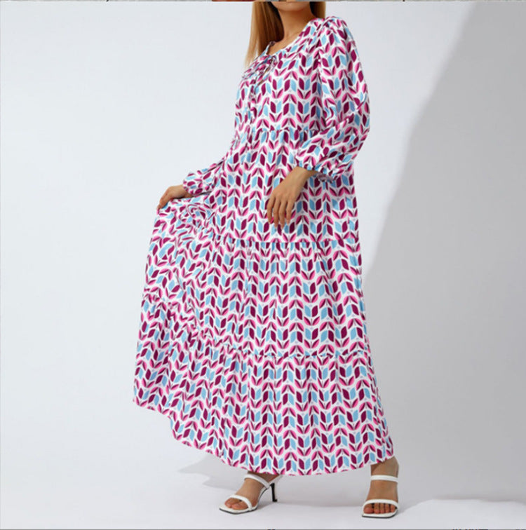 Women's Autumn Geometric Collage Puff Sleeve Dress Street Clothing