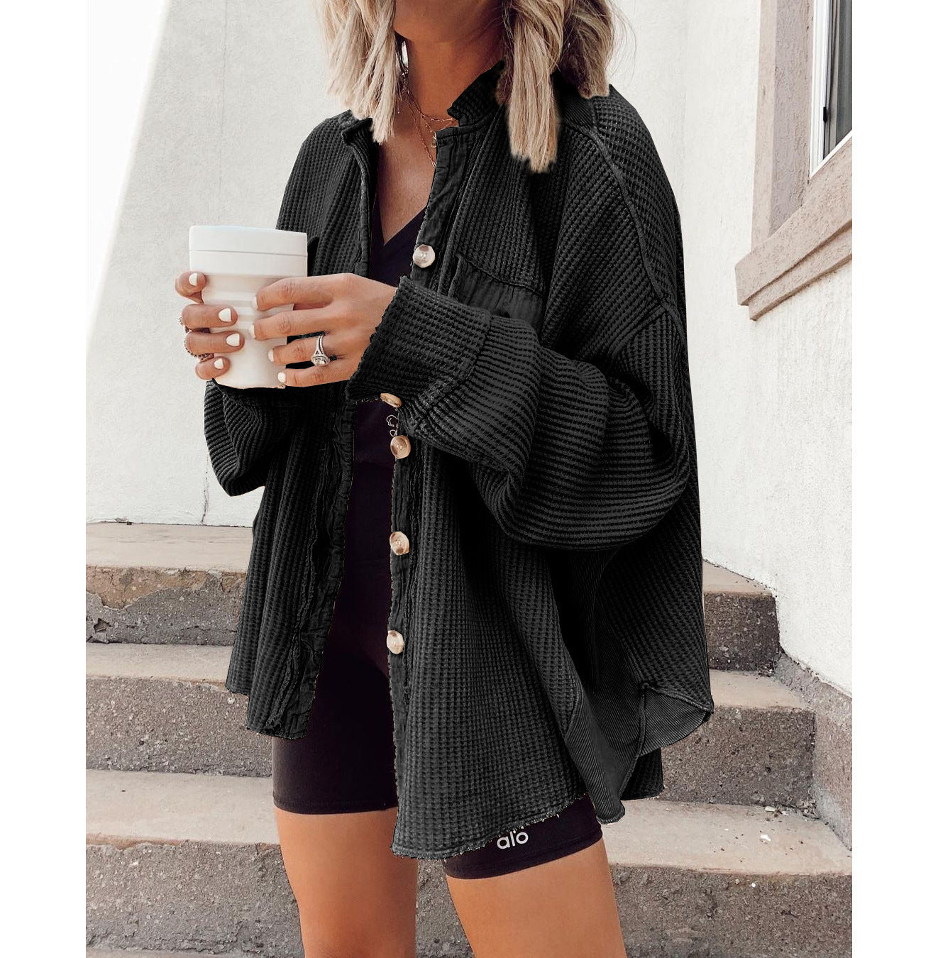 Women's Casual Polo Collar Pocket Stitching Irregular Jackets
