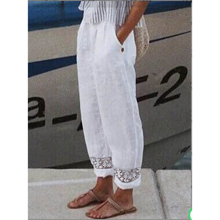 Women's Autumn Woven Cotton Linen Lace Pocket Pants