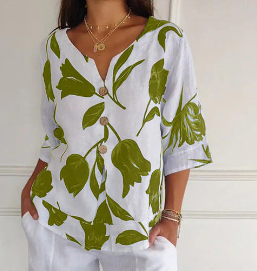 Printed Cotton Linen Short-sleeved Pullover Shirt Blouses