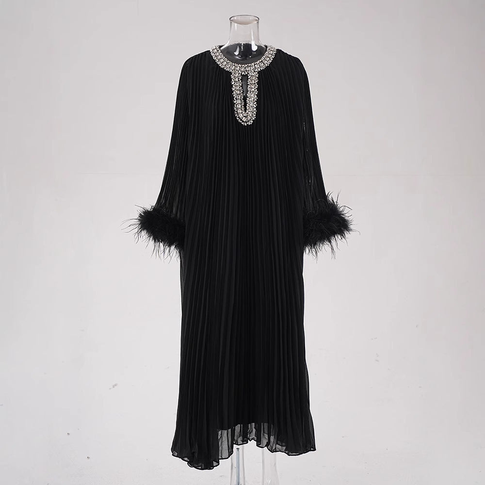Women's Australian Fashion Beaded Feather Sleeve Long Autumn Hollow Pleated Dresses