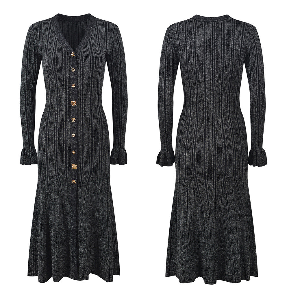 Women's French Style Long Gold Line Buckle Sleeve Dress