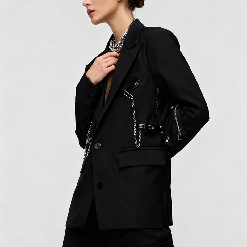 Women's Temperament Black Patchwork Trendy Autumn High-grade Blazers
