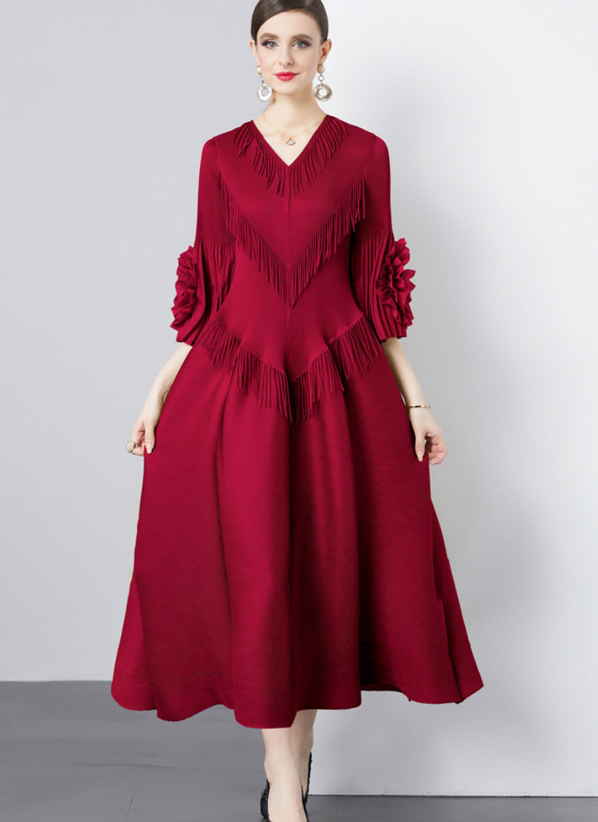 Ruffled Plate Flower Tassel Stitching Geometric Dresses