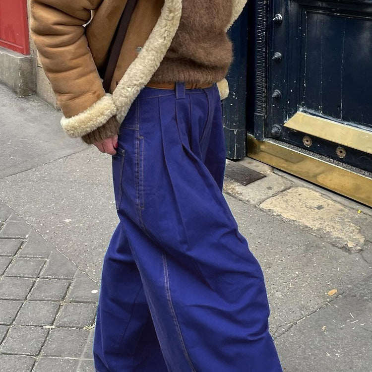 Women's American Style Double Pocket Blue Trousers Loose Pants