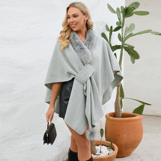 Women's Fur Collar Cape Shawl Female Loose Knitted Coats