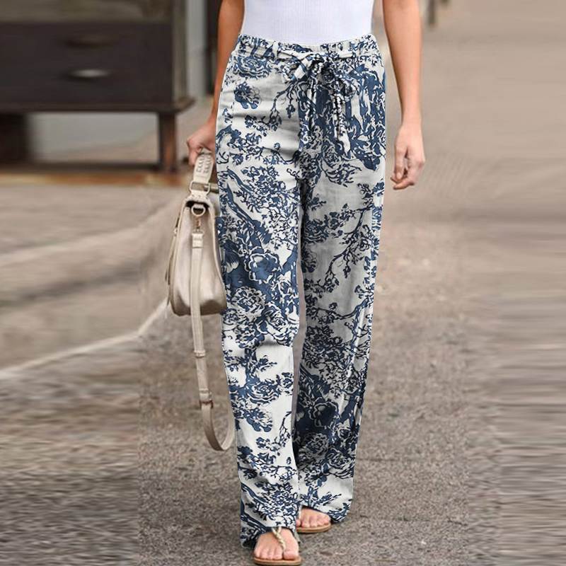 Women's Printed Cotton Linen Casual Comfortable Elastic Pants