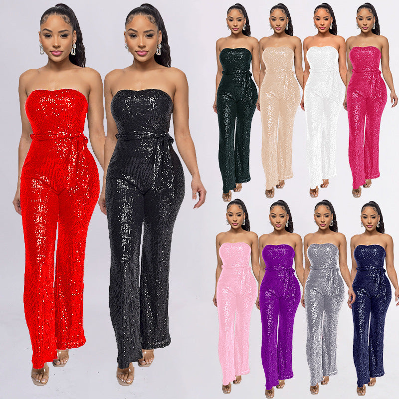 Women's Tube Backless Ribbon Hot Sleeveless Sequined Jumpsuits