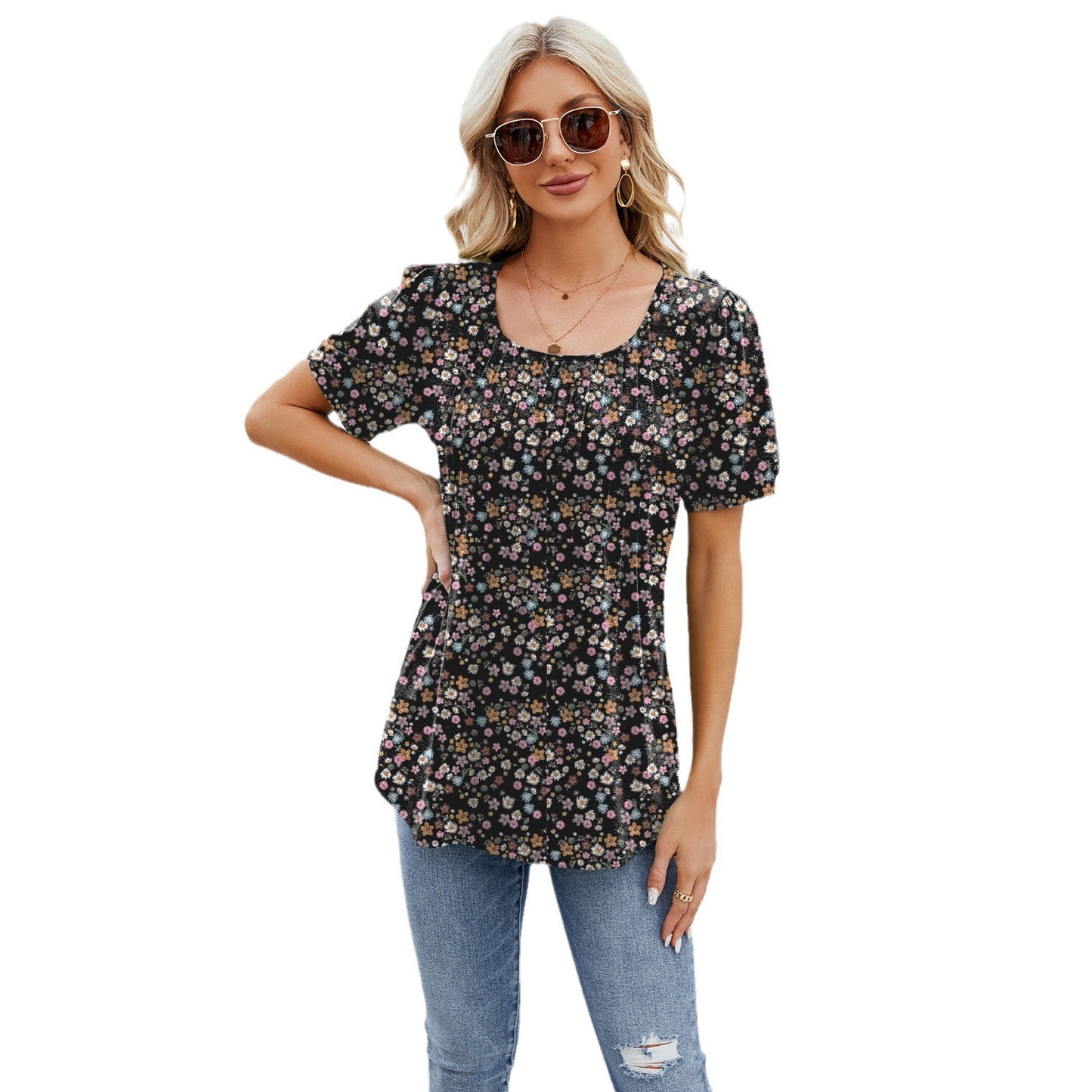 Women's Round Neck Strip Loose Sleeve T-shirt Tops