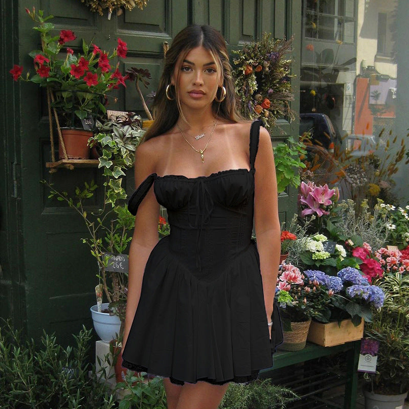 Sweet Lace Stitching Drawstring Slip Dress Dresses