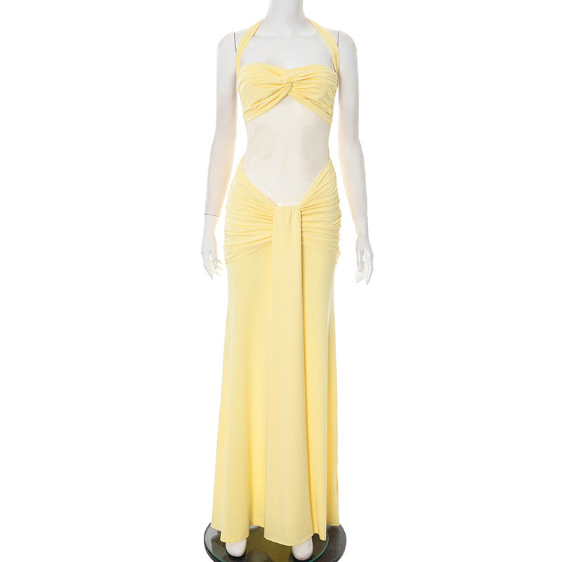 Women's Pure Color Halter Mesh Tight Stitching Dresses