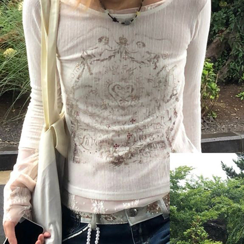 Totem Print Stitching Lace Sense Long Blouses