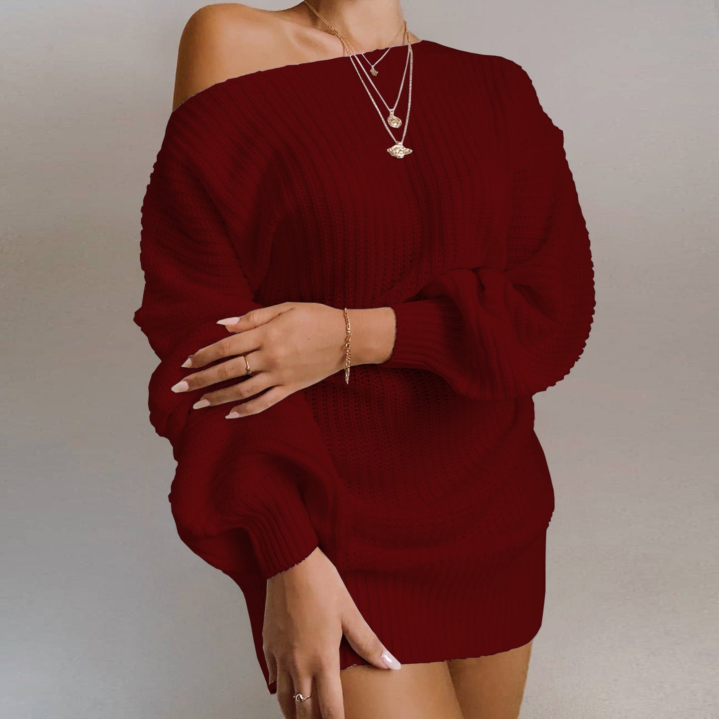 Creative Casual Lantern Sleeve Knitted Dress Sweater