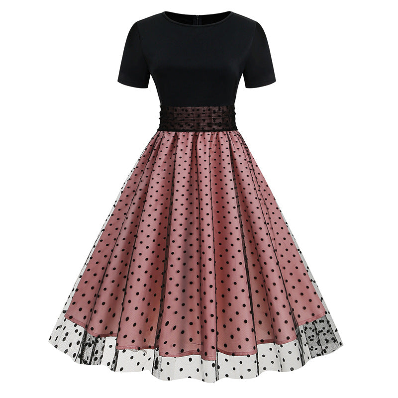 Polka Dot Stitching Retro Hepburn Dress Light Luxury Dresses