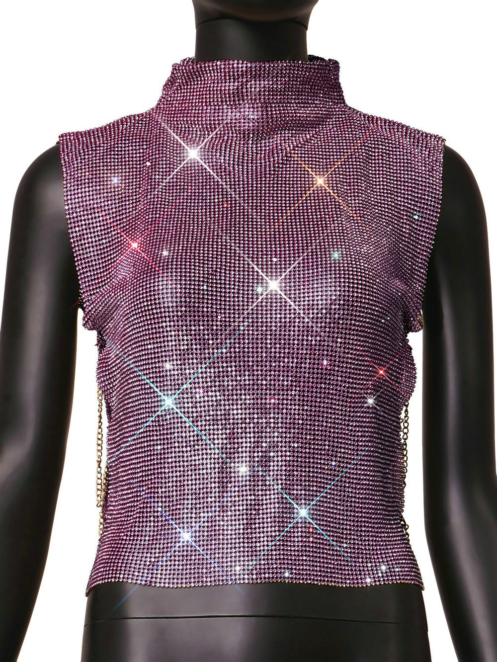 Charming Nightclub Sexy Turtleneck Rhinestone Metal Tops