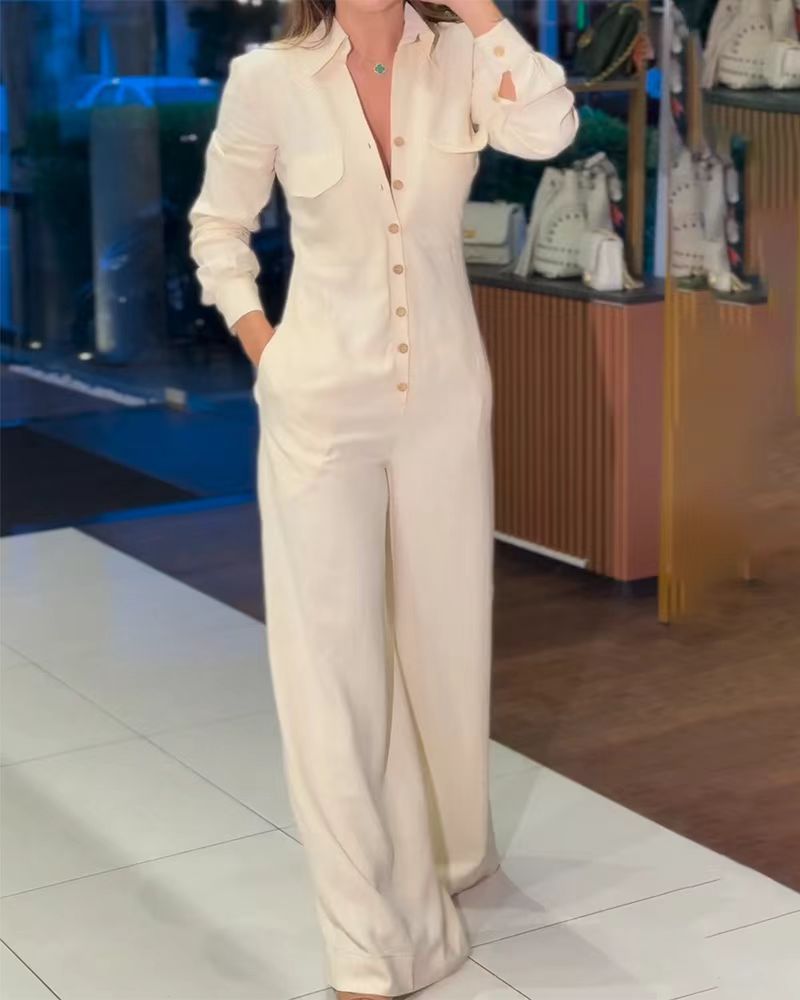 Color Polo Collar Pocket Slim Fit Jumpsuits