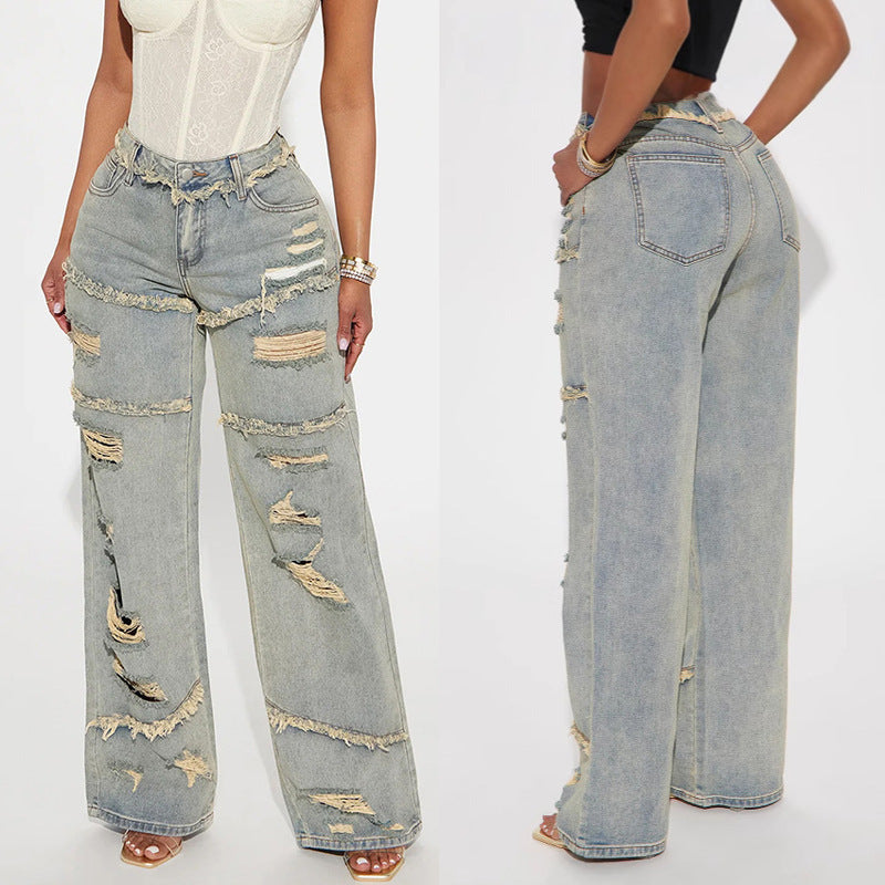 Women's Attractive Ripped Washed Fashionable Worn Pants