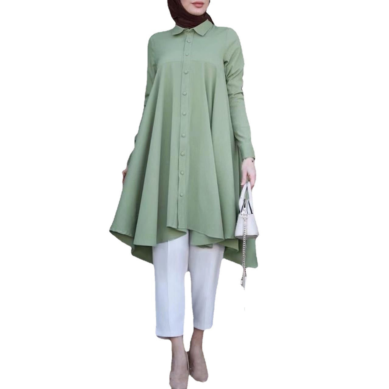 Women's Solid Color Polo Collar Button Placket Dovetail Curved Hem Blouses