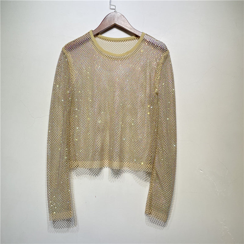 Star Hollow Out Shiny Colorful Crystals People Fishnet Blouses