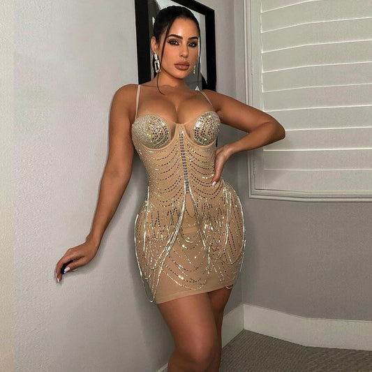 Sexy Slim Fit Rhinestone Tassel Dress Dresses