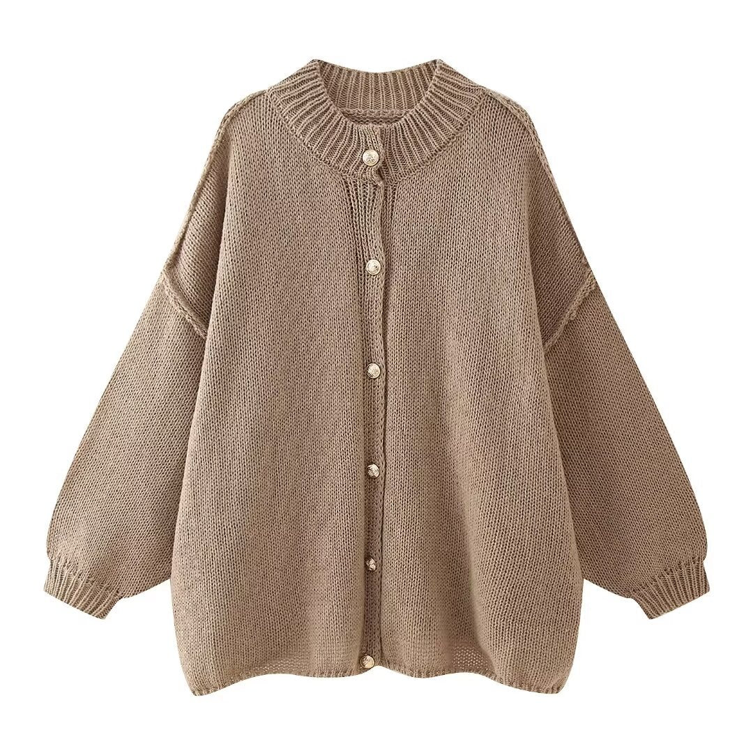 Women's Fastener Decoration Batwing Sleeve Metal Stand Knitwear