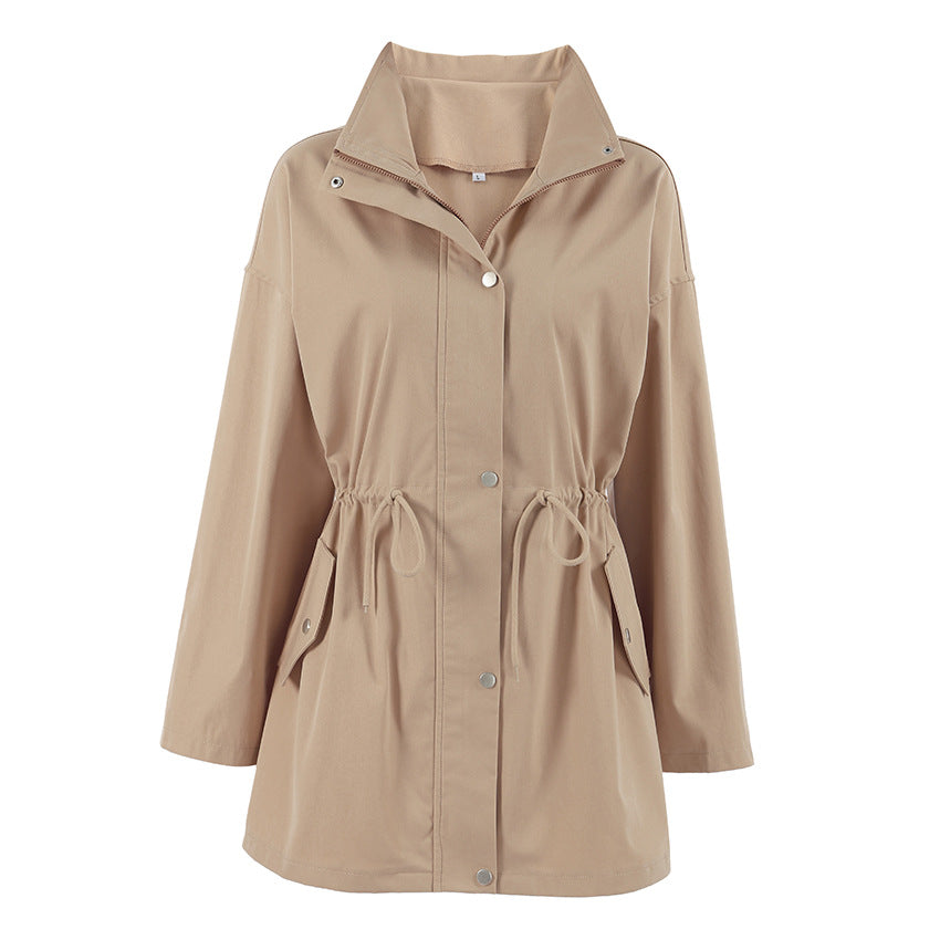 Women's Style Drawstring Trench Fashion Khaki Waist Coats