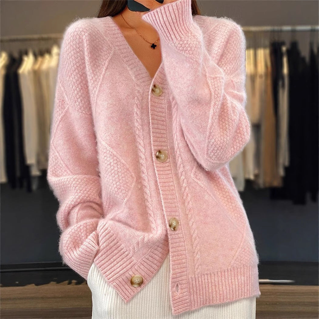 Women's Color Long Sleeve Knitted Breasted Jacquard Sweaters