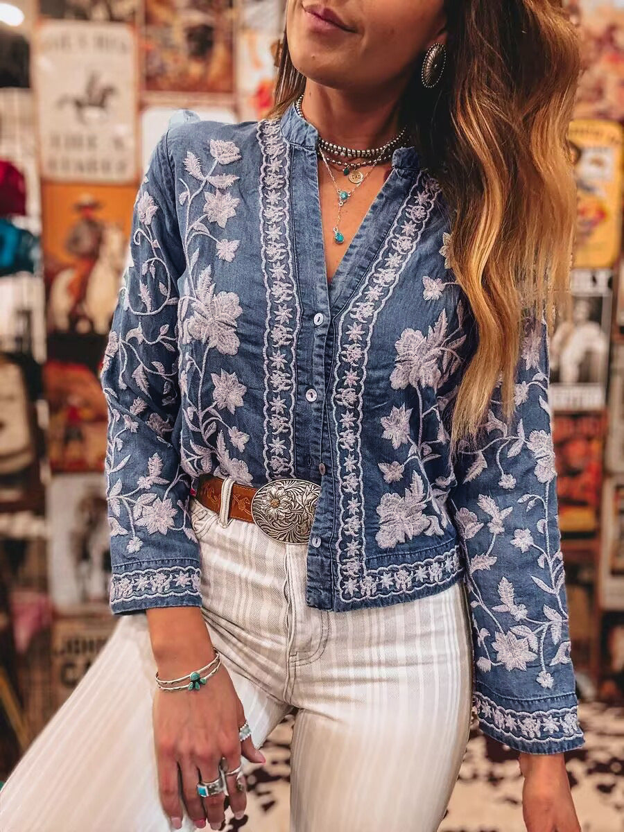 Women's Cool Embroidered Denim Buttons Long-sleeved Blouses