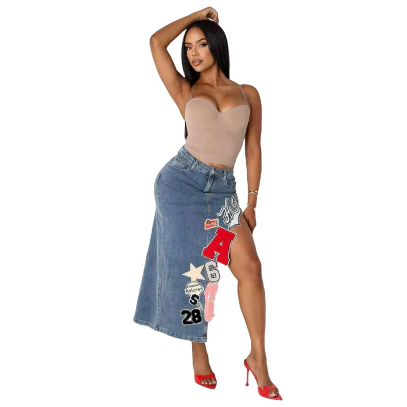 Embroidered Cropped Denim Vintage Stretch Letter Skirts