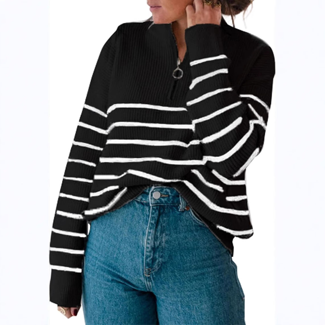 Women's Wear Long Sleeve Knitted Zipper Striped Sweaters