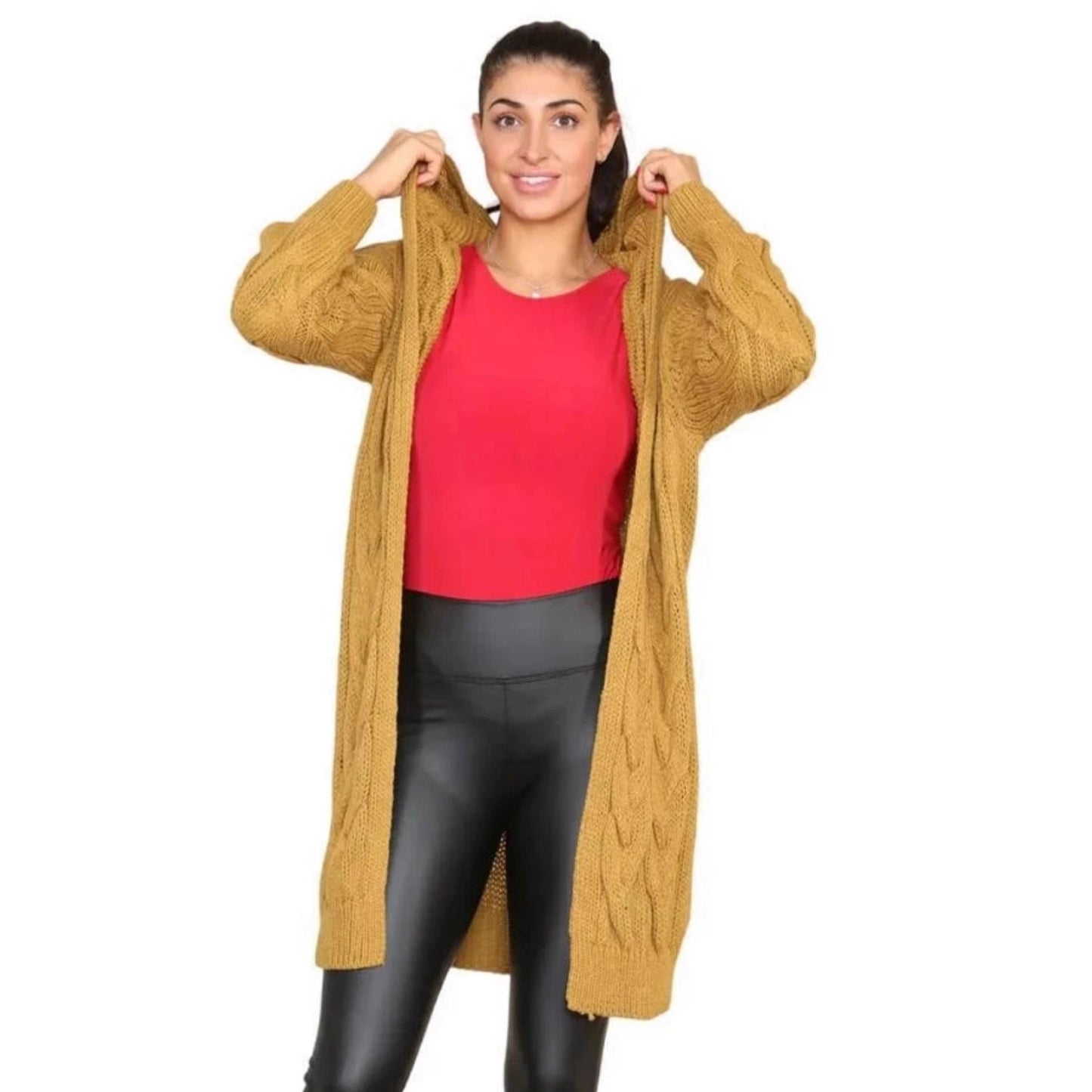 Women's Solid Color Hooded Twisted Knitted Mid-length Knitwear
