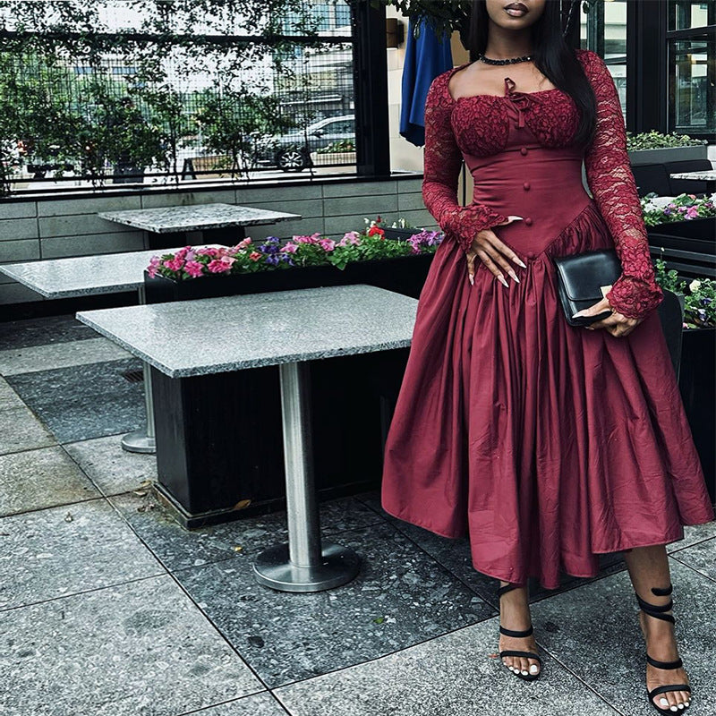 Women's Square Collar Lace Long Sleeve Waist Dresses