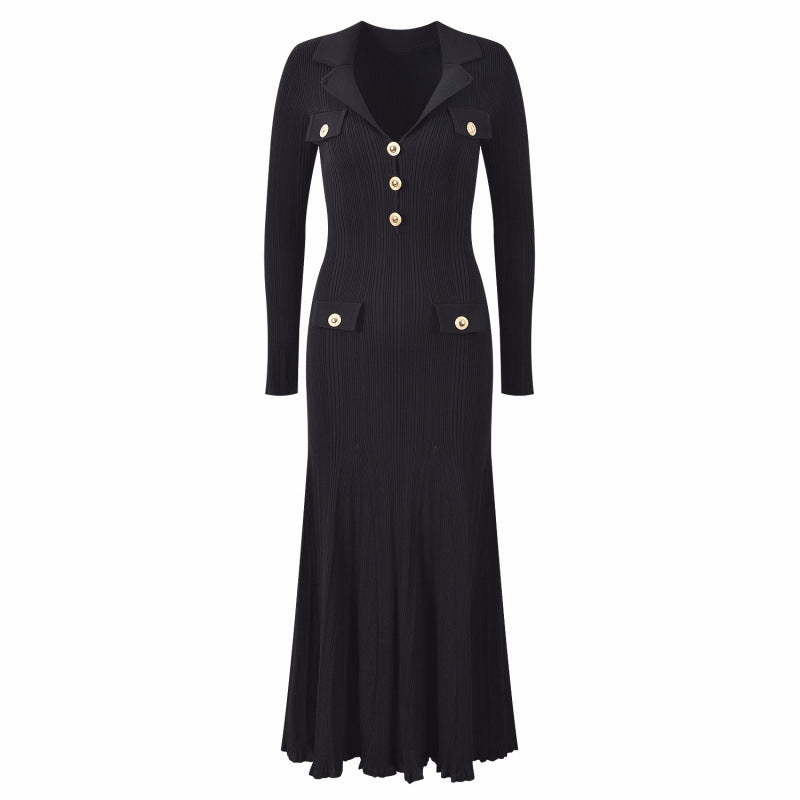 Collar Gold Buckle Vertical Stripes Long Fish Dresses