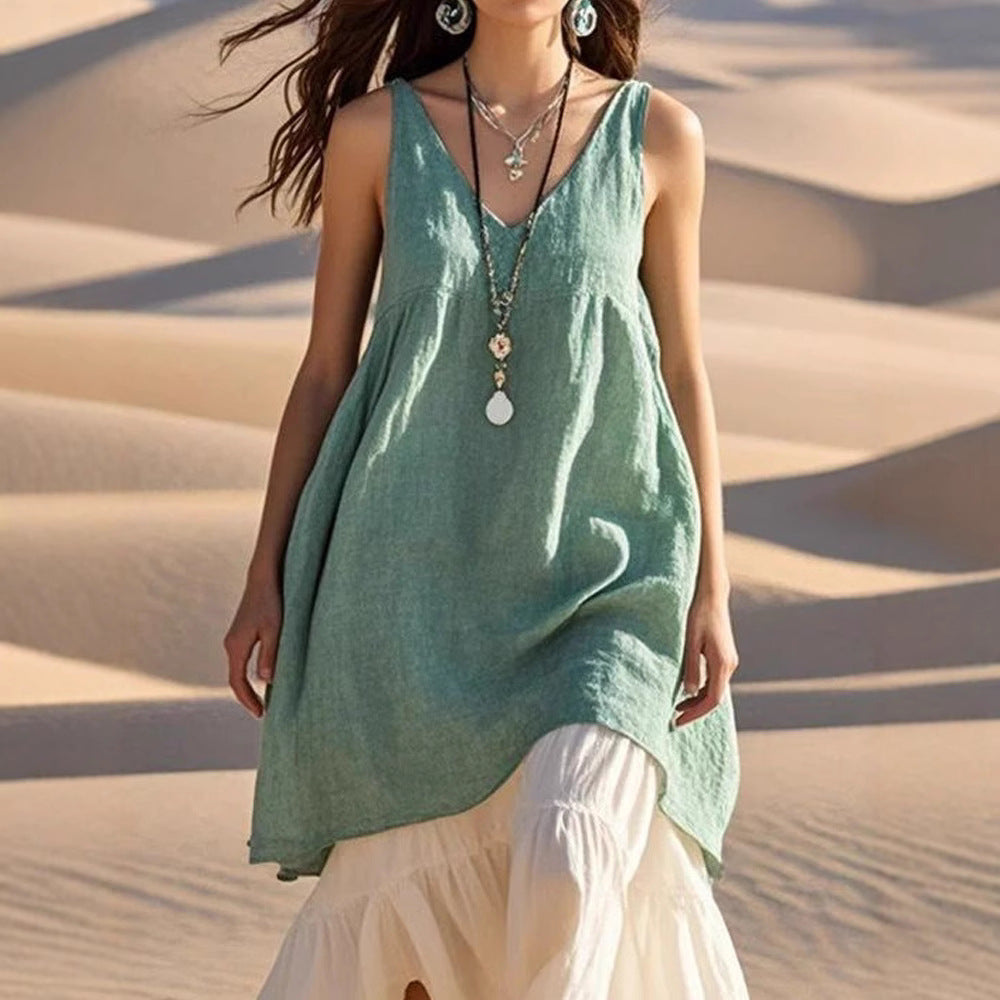 Women's Fashion Sleeveless Cotton Linen Solid Color Dresses