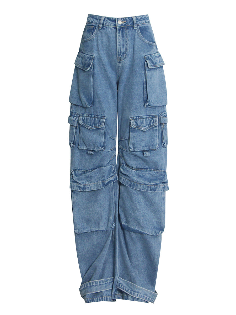 Women's Waist Large Pocket Loose Casual Cool Jeans