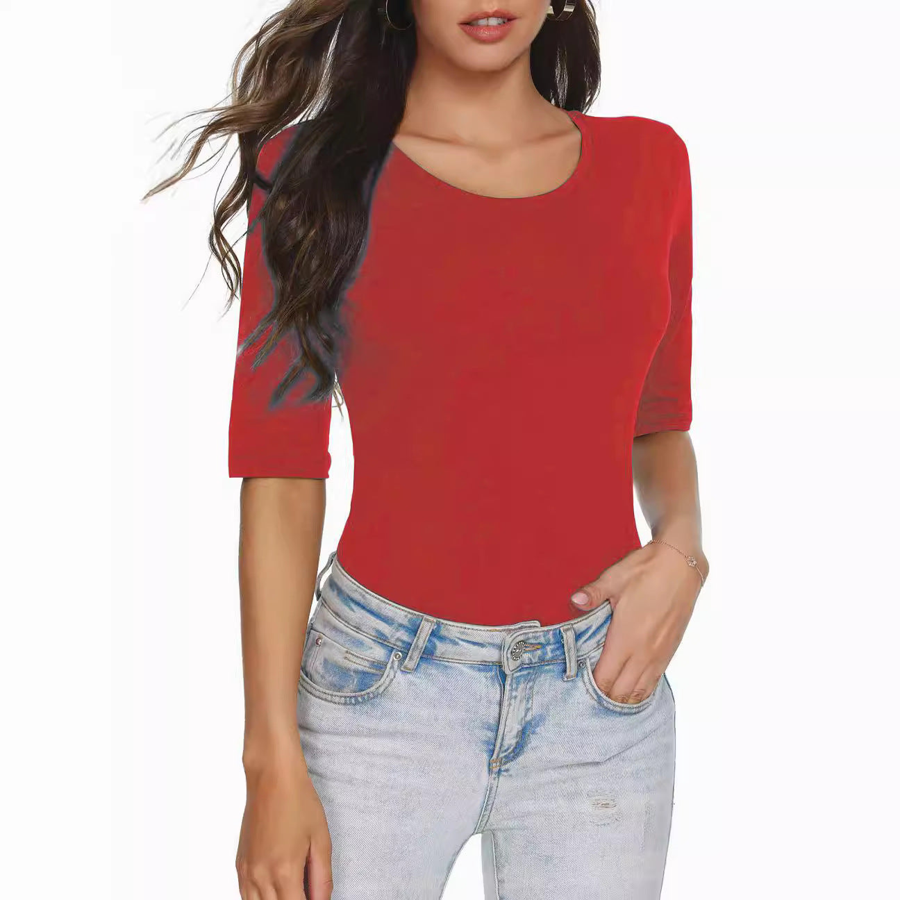 Half Sleeve Shirt Solid Basic Slim Blouses