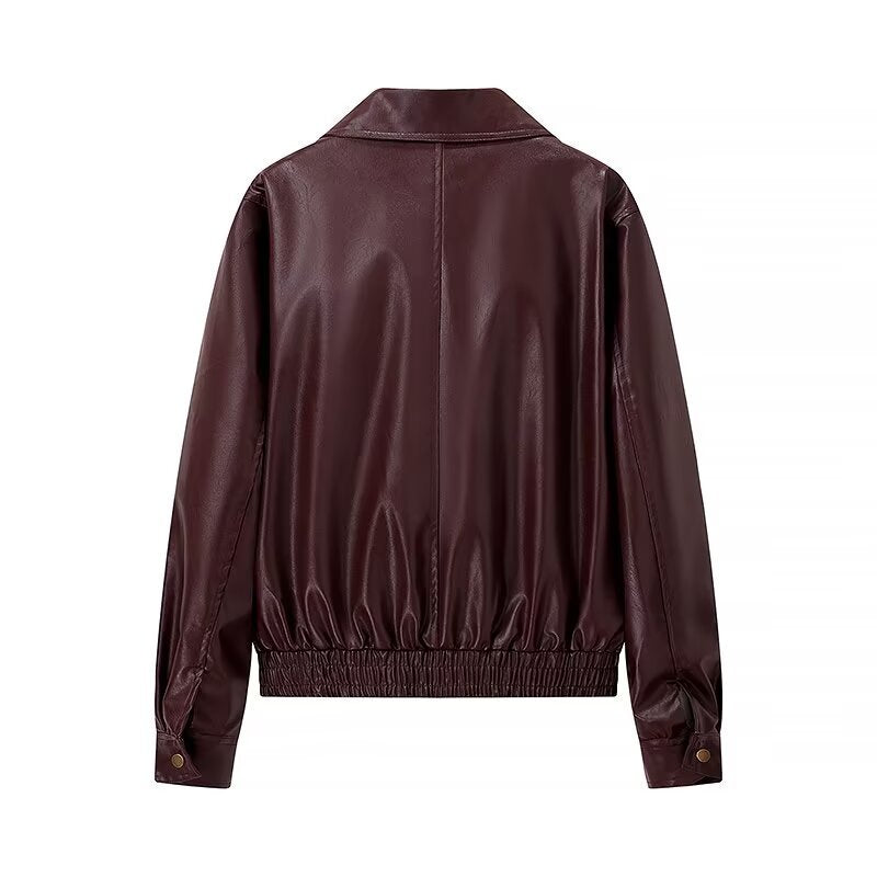 Women's Fashion Polo Collar Long Sleeve Leather Jackets