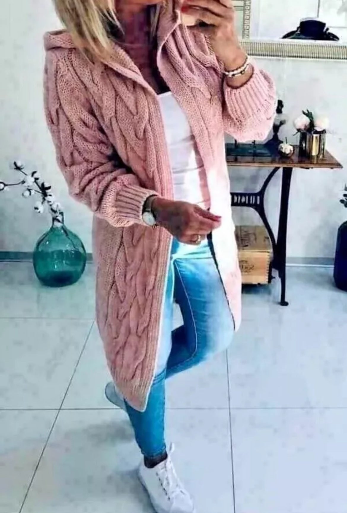 Solid Color Long Knitted Hooded Pocket Knitwear