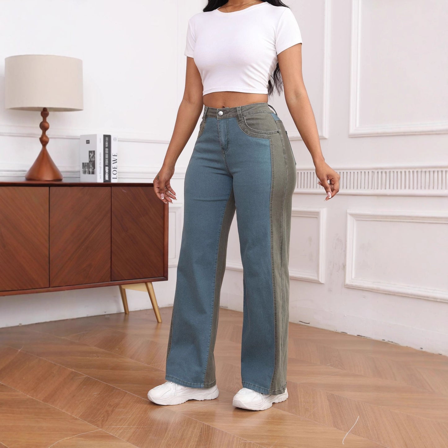 Stretch Contrast Color Washed Smart Trousers Jeans