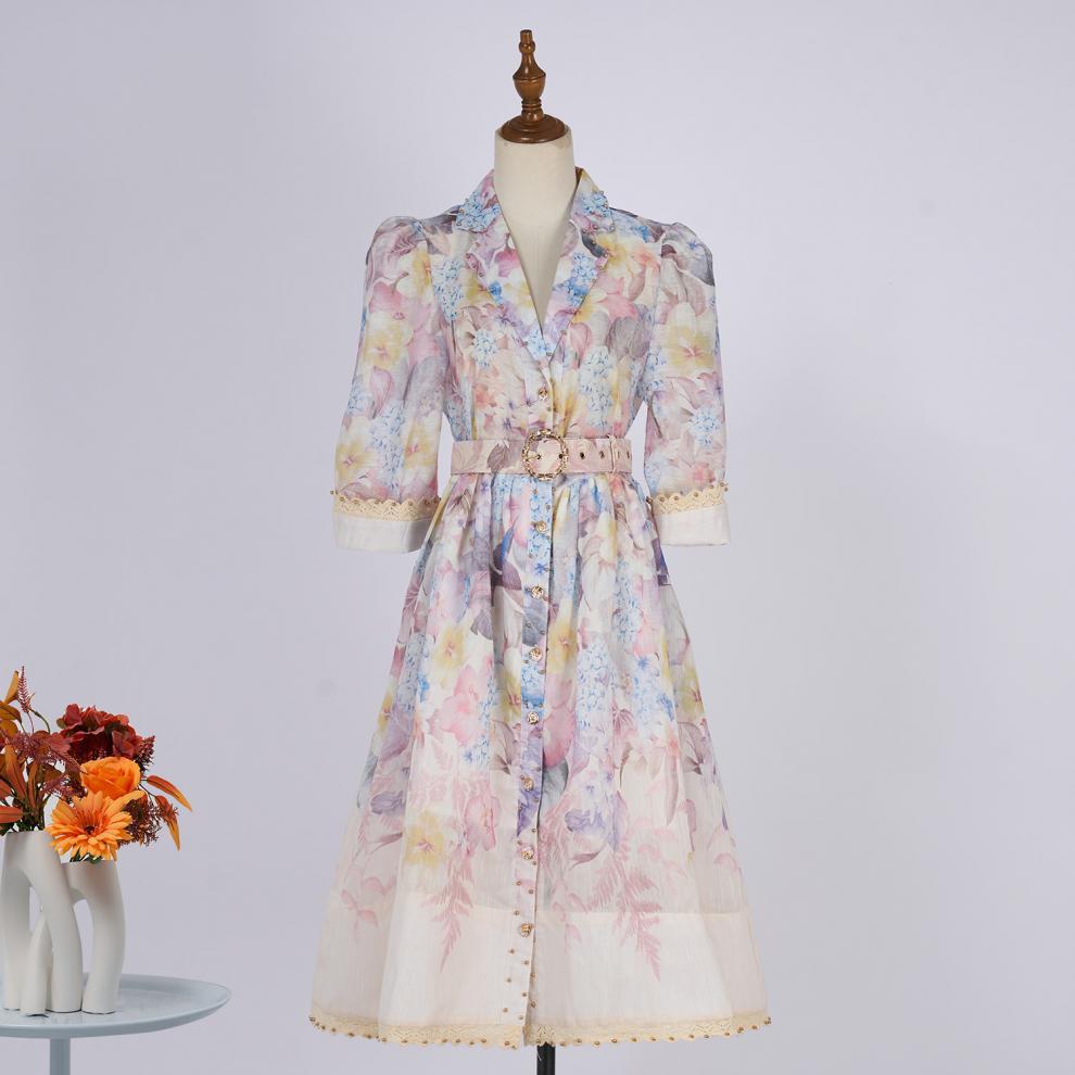 Women's Collar Sleeve Single-breasted Printed Elegant Dress Dresses
