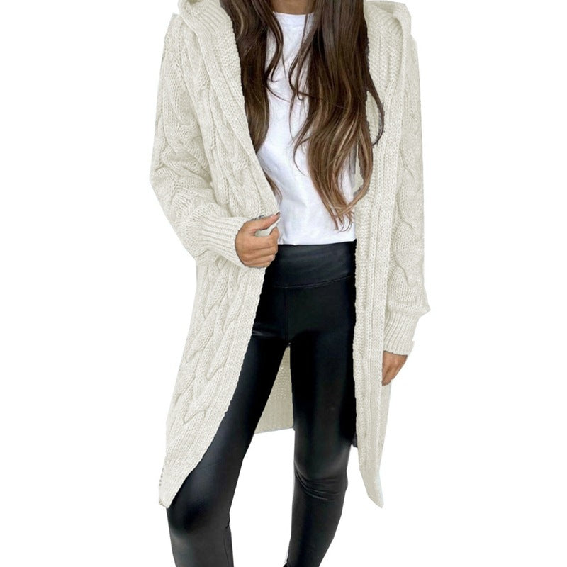 Mid-length Solid Color Twist Hooded Knit Knitwear
