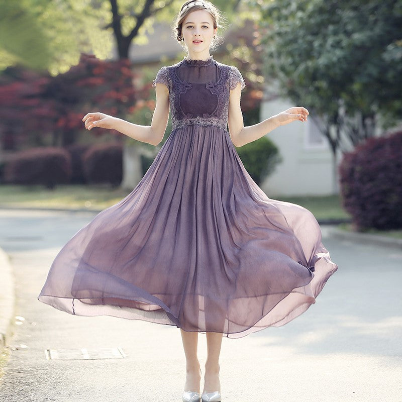 Summer French Elegant Temperament Slimming Sleeve Long Pleating Big Swing Dress