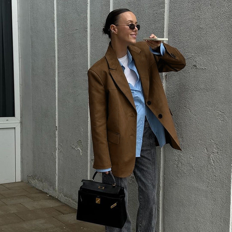 Women's Autumn Vintage Brown Suede Versatile Casual Blazers