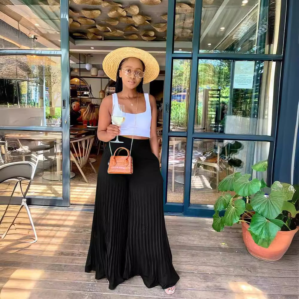 Spring High Temperature Stereotypes Pleated Wide Leg Suitable Pants