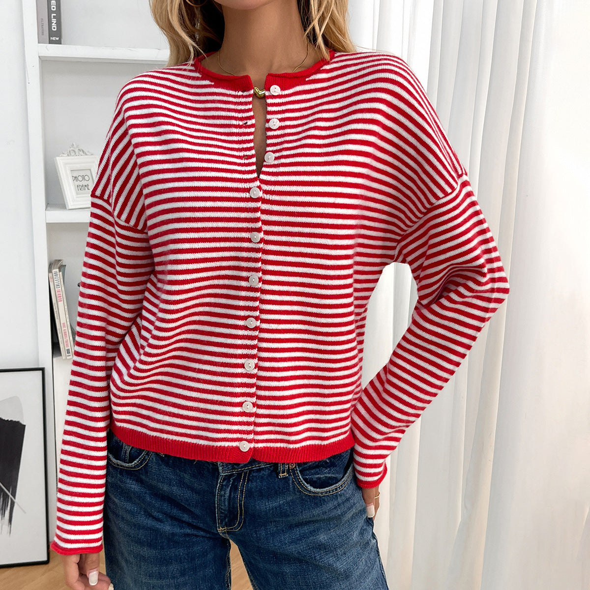 Women's Knitted Striped Casual Long Sleeve Round Sweaters